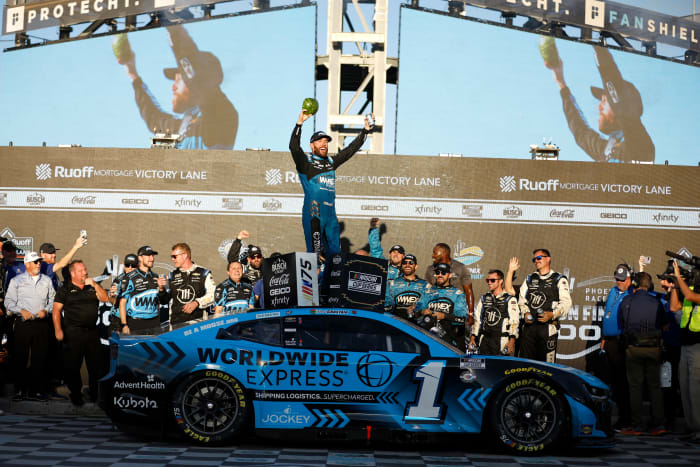 Consolation prize of sorts: Even though Ryan Blaney won the Cup championship, Ross Chastain still had reason to celebrate after winning Sunday's NASCAR Cup Series season finale at Phoenix Raceway. (Photo by James Gilbert/Getty Images)